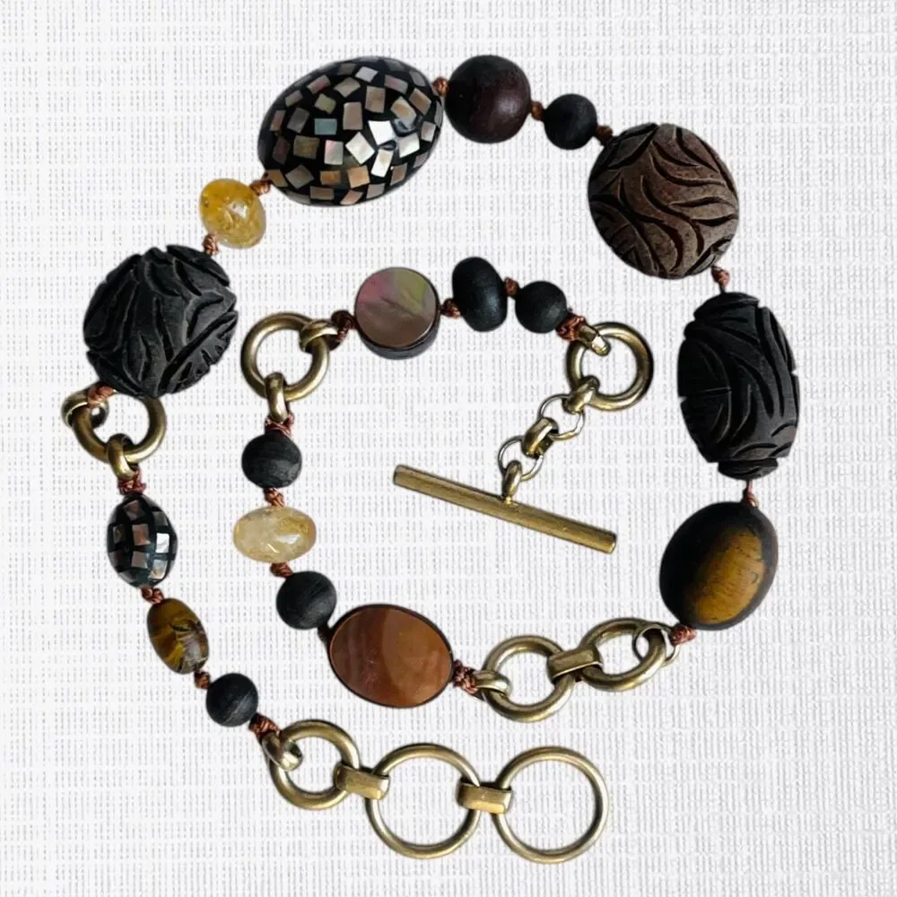 Kenneth Cole Necklace Carved Wood Bead Mother of Pearl Tribal Brown Gold Tone